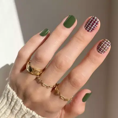 olive green manicure with woven plaid accent nails