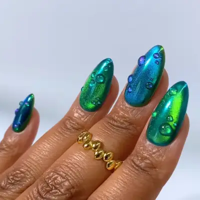 Blue and Green Glass Velvet Dewdrop Nails - MYM Beauty Chrome Nail Ideas for April 