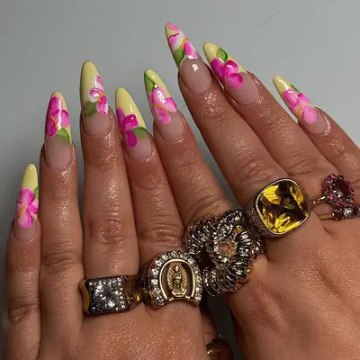 spring summer pink flowers with yellow french tips