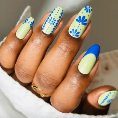 cobalt blue and mint floral nails