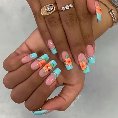 blue square french tips with orange flower nail design