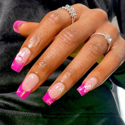 pink floral french nails