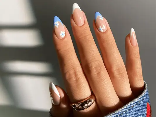 blue floral french nails