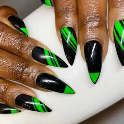 Black nails with green stripes