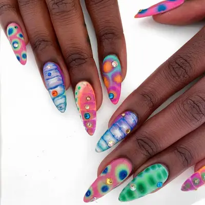 Colorful animal print almond-shaped nails
