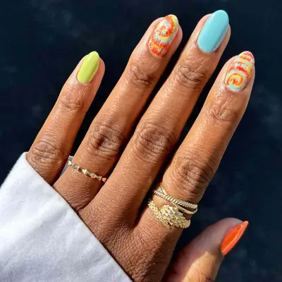 Lime, turquoise, and orange tie dye nail art - MYM Beauty Festival Nails