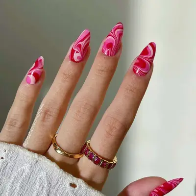 Pink and red water marble nails - MYM Beauty Festival Nails