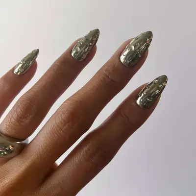 Chrome nails with clear dewdrop accents - MYM Beauty Festival Nails