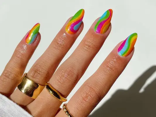 Close up of a multicolor swirl manicure