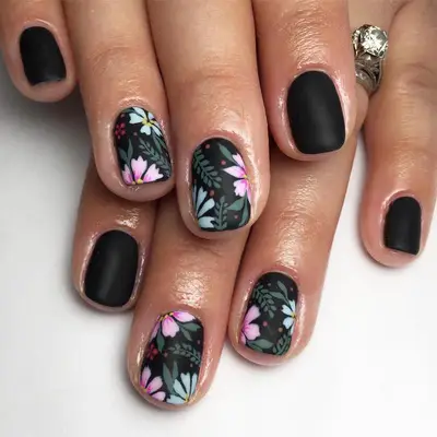 Matte black floral nails