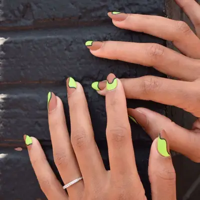Neon green and cocoa hued abstract nail art
