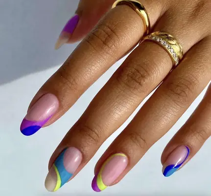 Neon negative-space nails with 13 going on 30 color scheme