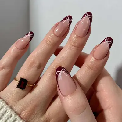Burgundy Bow French Tips - MYM Beauty Burgundy French Tips