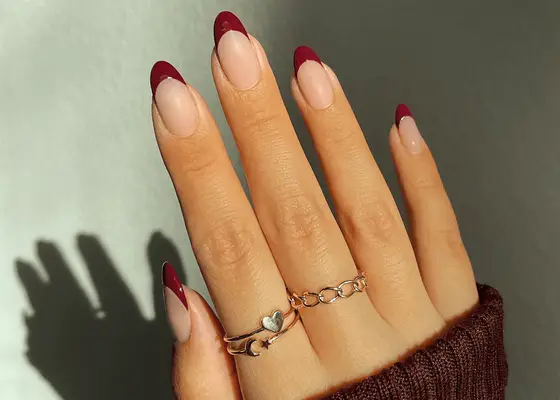 Round Burgundy French Tips on Long Almond Nails 