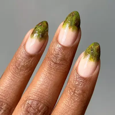 Olive Green Gold Glitter Fall French Manicure - MYM Beauty French Manicures for Fall