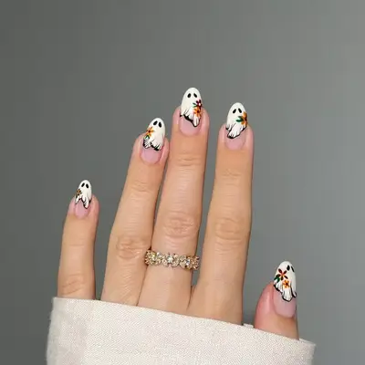 Ghosts With Flowers Fall French Manicure - MYM Beauty French Manicures for Fall