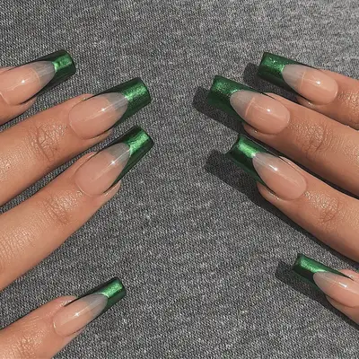 Forest green square chrome French nails.