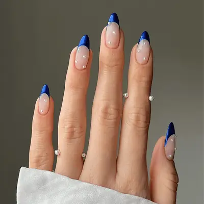 Cobalt blue chrome french tip with pearls