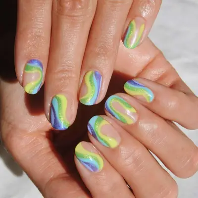 Short nails with rainbow swirl design and glitter
