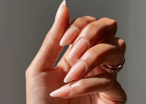 Closed hand with gold rings and long oval nails with shiny top coat