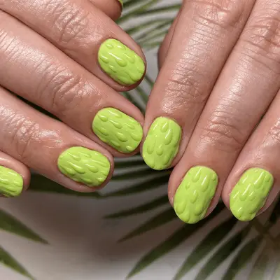 Bright green short nails with 3D drops 