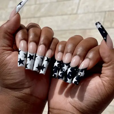 extra long square black and white French tips with inverted stars