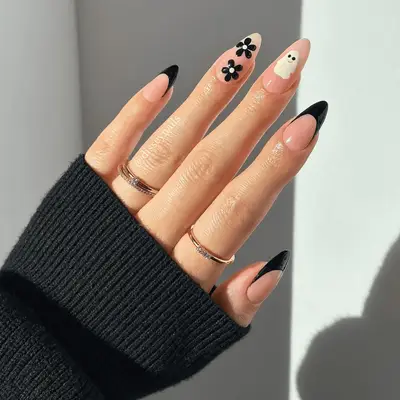 Black and white tips with ghost and flower details