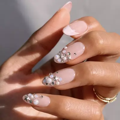french manicure with crystal tips