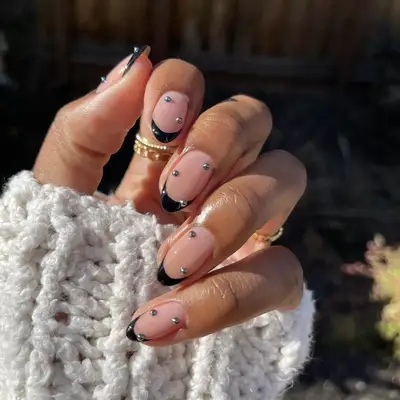 French mani with black tips with rhinestones