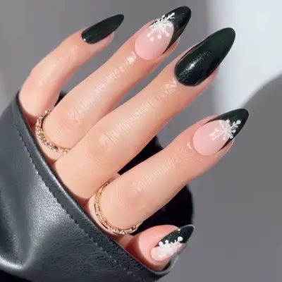 forest green french manicure with snowflake designs