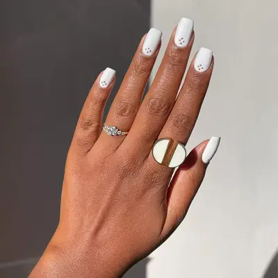 white square nails with rose gold dots