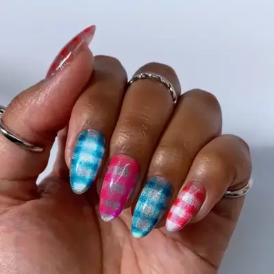Pink, Red, White, and Blue velvet glass nails in a gingham design