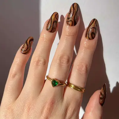 Holographic Chocolate Swirl Nails - MYM Beauty Dark Nail Ideas