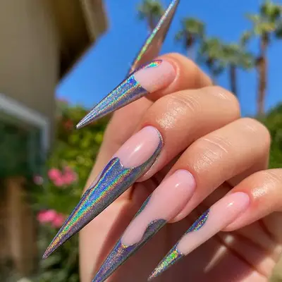 holographic tipped long stiletto nails