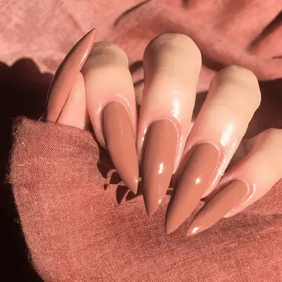 terracotta hued stilletto shaped nails