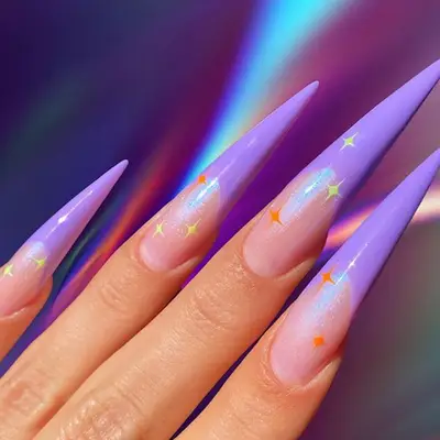 fairy princess nails with purple tips and stars