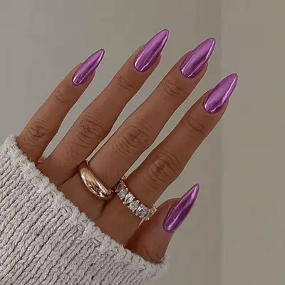 purple metallic chrome stilletto manicure