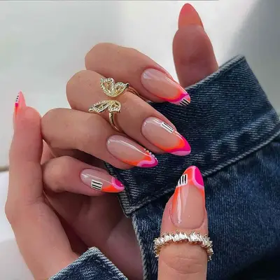 Pink and orange abstract layered French tips 