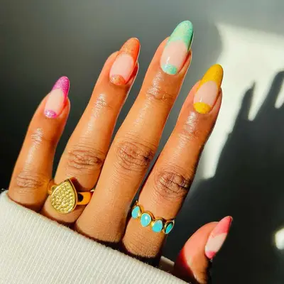 Shimmer Skittle French tips with matching cuticle nail art - MYM Beauty Summer French Manicures