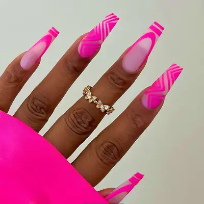 Matte neon pink graphic line French mani - MYM Beauty Summer French Manicures