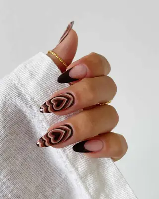 Dark brown French manicure with heart-printed nail art
