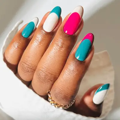 white, blue, and pink french nails