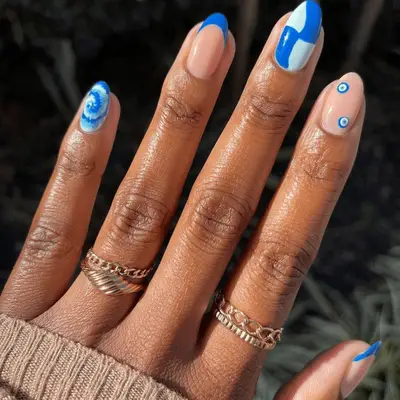 Blue multi-design French nail look