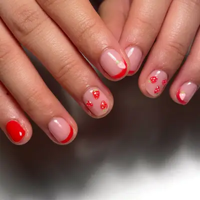 Short red French manicure with strawberry accents