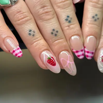 Hand with manicured nails featuring strawberry and pink gingham designs