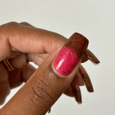 Square red-tipped glitter French manicure