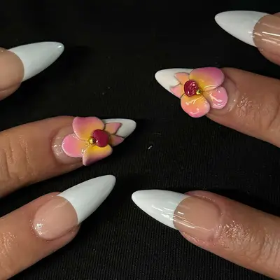 french nails with pink 3d orchid flowers