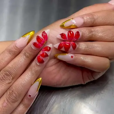 nails with red 3d flower petals