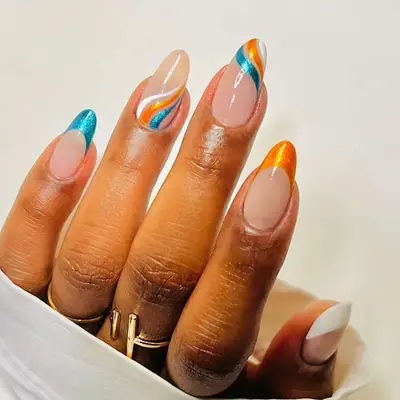 Metallic Turquoise and Gold Retro French Tips - MYM Beauty Colorful French Nails 