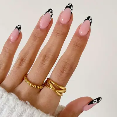 Black and white floral French manicure